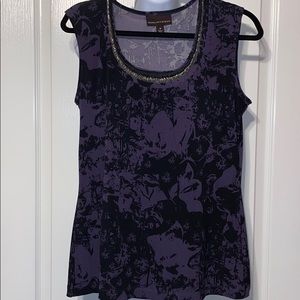 Dana Buckman Blouse Dk Purple Print w Beaded Neck